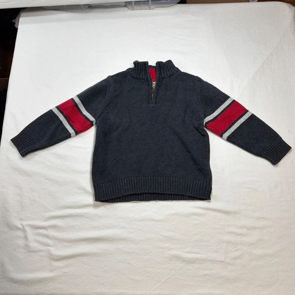 OshKosh B'gosh Toddler Boy 3T Gray Quarter Zip Cotton Sweater Red Stripe